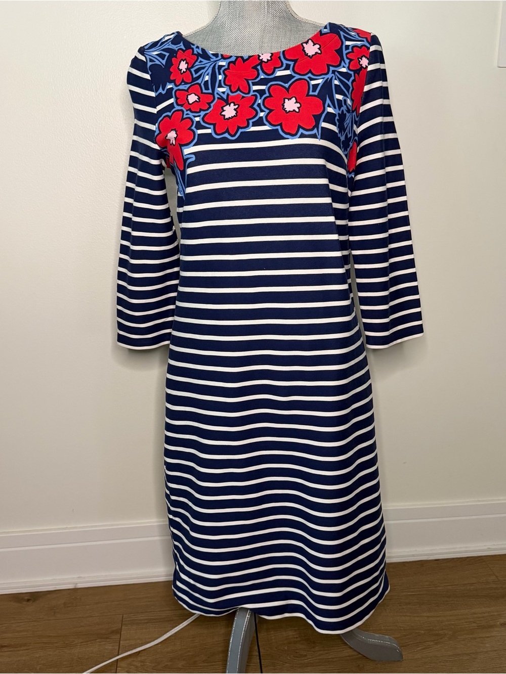 Talbots MP Navy & White Striped Dress with Red Floral Yoke